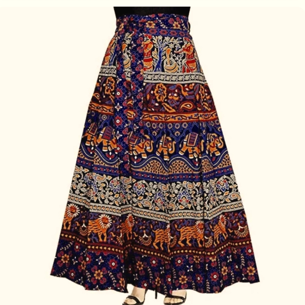 Brand new wrap tie skirt made in India navy blue background one size
